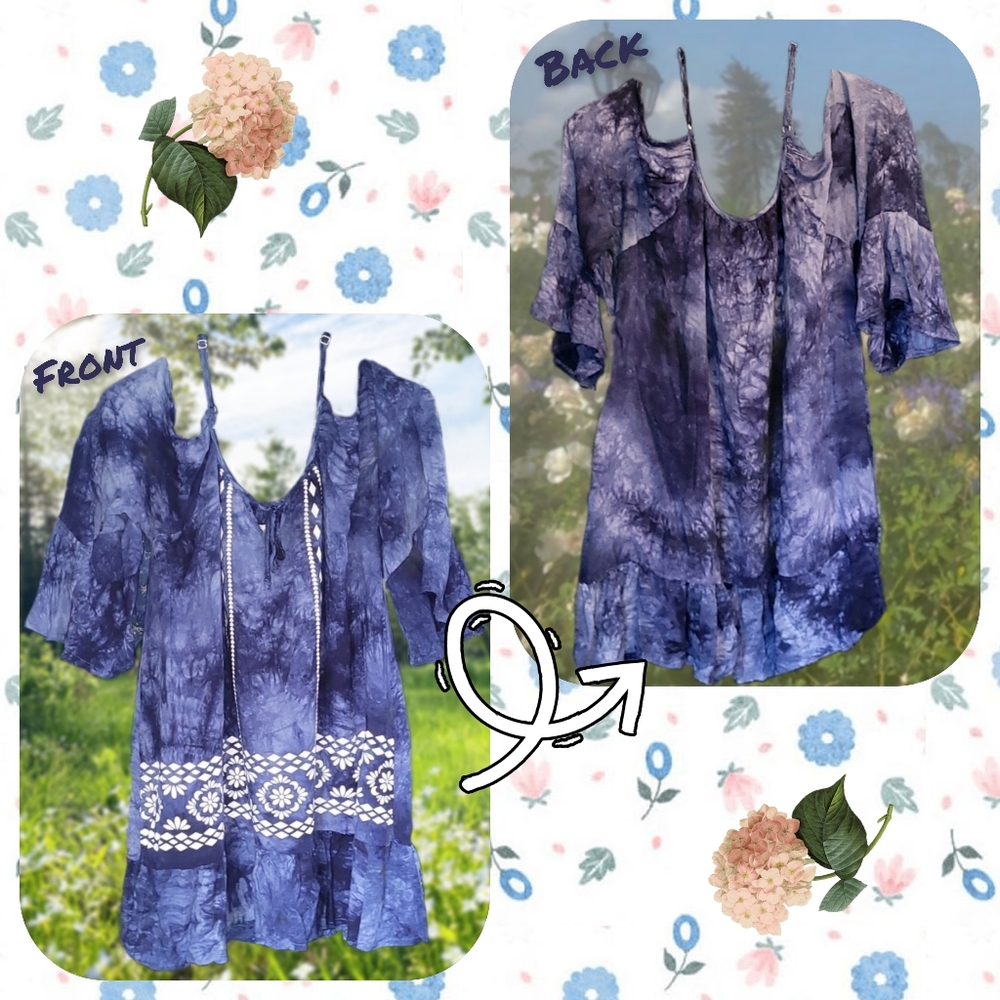 🍂3/$10 Exist VTG Boho Blue Tie Dye Cold-Shoulder Ruffle Tunic w/ White Details